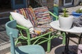 Empty table and chairs in restaurant, Greece. Beach cafe near sea, outdoors. Travel and vacation concept Royalty Free Stock Photo