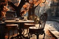 Empty table with coffee cup in golden fall park. Generative AI