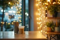 empty table corner, blurred string lights and cafe decor Royalty Free Stock Photo