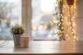 empty table corner, blurred string lights and cafe decor Royalty Free Stock Photo