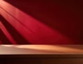 Empty table on dark red wall. Background with window light and shadow. Mockup for presentation, branding products, cosmetics, food Royalty Free Stock Photo