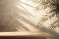 Empty Table on Beige Texture Wall Background with Leaves Shadow for Mockup Royalty Free Stock Photo