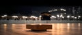 Empty table in front of blurred Kaaba in mecca background. Generative AI