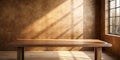 Empty Table on Bright Brown Wall Background, Panoramic Composition with Abstract Sunlight Reflection Royalty Free Stock Photo