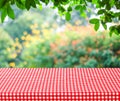 Empty table and red tablecloth with blur green leaves bokeh back Royalty Free Stock Photo