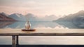 An empty table stands with grace, capturing reflections of the sky, juxtaposed with the ethereal beauty of a blurred mountain