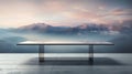 An empty table stands with grace, capturing reflections of the sky, juxtaposed with the ethereal beauty of a blurred mountain