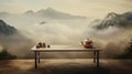 An empty table stands poised, capturing the ambient glow, set against the misty blurred mountain background