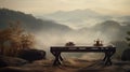 An empty table stands poised, capturing the ambient glow, set against the misty blurred mountain background