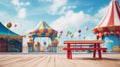 An empty table stands poised, reflecting the azure sky above, amidst the colorful play structures of a blurred Playground