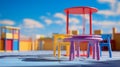 An empty table stands poised, reflecting the azure sky above, amidst the colorful play structures of a blurred Playground