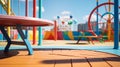 An empty table stands poised, reflecting the azure sky above, amidst the colorful play structures of a blurred Playground