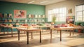 An empty table stands proudly, educators, contrasting the lively ambiance of a blurred School background Royalty Free Stock Photo