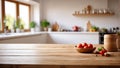 Empty table top and blurred domestic kitchen interior