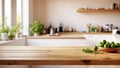 Empty table top and blurred domestic kitchen interior