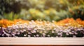 Empty table top in front of blurred flower garden background. Generative AI