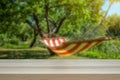 Concept for holiday and lazy days. Hammock in a sunny green garden blurred in the Royalty Free Stock Photo