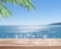 Empty table top under palm leaves and blurred sparkling sea at the background. Place for your product or brand name display