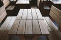 Empty tables and benches at deserted beergarden outdoor restaurant Royalty Free Stock Photo