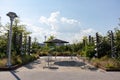 Empty Tables and Chairs at Domino Park in Williamsburg Brooklyn New York during Summer Royalty Free Stock Photo