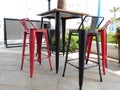 empty tables and chairs at a seaside bar in Ayia Napa, Cyprus. Pandemic, lockdown April 2021. Royalty Free Stock Photo