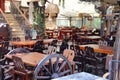 Empty tables in a street cafe in Alanya, Turkey, April 2021 Royalty Free Stock Photo
