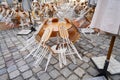 Empty tables of street cafe during lockdown, coronavirus quarantine, Cafe Terrace in old town, outdoor patio chair and table in Royalty Free Stock Photo