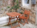 Empty tables of street cafe during lockdown, coronavirus quarantine, Cafe Terrace in old town, outdoor patio chair and table in Royalty Free Stock Photo