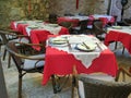 Empty tables of street cafe during lockdown, coronavirus quarantine, Cafe Terrace in old town, outdoor patio chair and table in Royalty Free Stock Photo