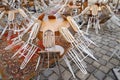 Empty tables of street cafe during lockdown, coronavirus quarantine, Cafe Terrace in old town, outdoor patio chair and table in Royalty Free Stock Photo