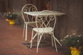 Empty tables in street. old street restaurant. the old table and chairs in the coffee shop. Royalty Free Stock Photo