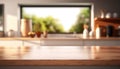 Empty tabletop over defocused window kitchen with copy space. Generative AI Royalty Free Stock Photo