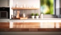 Empty tabletop over defocused window kitchen with copy space. Generative AI Royalty Free Stock Photo