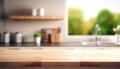 Empty tabletop over defocused window kitchen with copy space. Generative AI Royalty Free Stock Photo