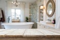 Empty tabletop for product display with blurred bathroom interior background Royalty Free Stock Photo