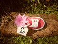 Empty tag on small baby shoe with flowers / pregnancy announcement