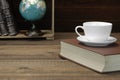 Empty Tea Cup On The Red Old Book And Bookshelf Royalty Free Stock Photo