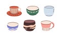 Empty tea cups, mugs, ceramic bowls, glass, porcelain beakers set. Different teacups designs, types. Tableware, dishware