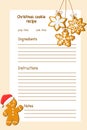 Empty template card for Christmas cookie recipe with cute gingerbread man character, vector