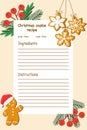 Empty template card for Christmas cookie recipe with cute gingerbread man and pine branches, vector