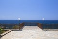 Empty terrace, blue sea and blue sky