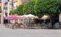 Empty terrace of a restaurant in the main square of the tourist city of Zamora in summer.