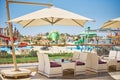 Empty terrace with a table and chairs outdoor in summer day Royalty Free Stock Photo