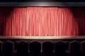 Empty theater hall with wooden stage, red curtains and row of seats Royalty Free Stock Photo