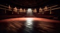 Empty theater stage, large spacious open plan interior with various lights with lights on, AI generative