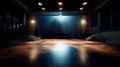 Empty theater stage, large spacious open plan interior with various lights with lights on, AI generative