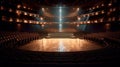 Empty theater stage, large spacious open plan interior with various lights with lights on, AI generative