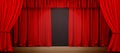 Empty theater stage with red velvet curtains. Vector