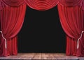 Empty theater stage with wood plank floor and open red curtains Royalty Free Stock Photo