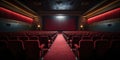 Empty Theatre Stage with the Red Curtains Drawn and Row of Red Seats. Viewed Over Stage. Generative AI Royalty Free Stock Photo